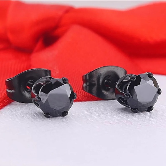 🐘🐘 Men’s Stainless Steel Black Sapphire Stud Earrings - Picture 9 of 9